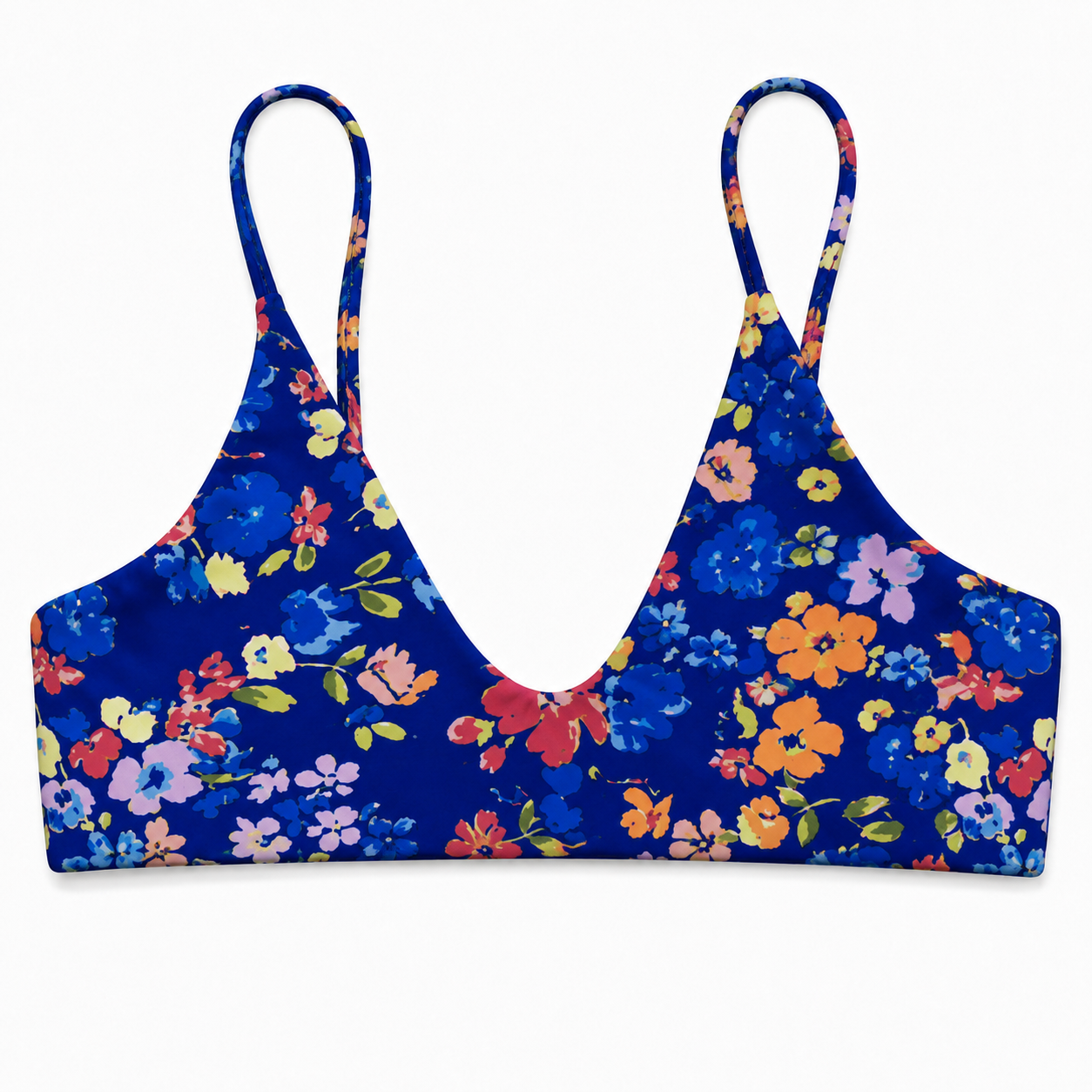 A floral bikini top with a deep V-neck and thin shoulder straps, featuring a vibrant multicolor floral pattern on a deep blue background, shown against a plain white background.