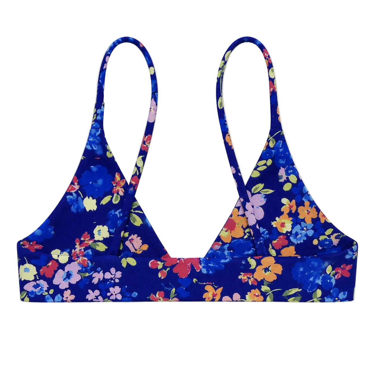 A floral print bikini top in a vibrant royal blue, featuring multicolored flowers including orange, yellow, pink, purple, and red on a clean white background.