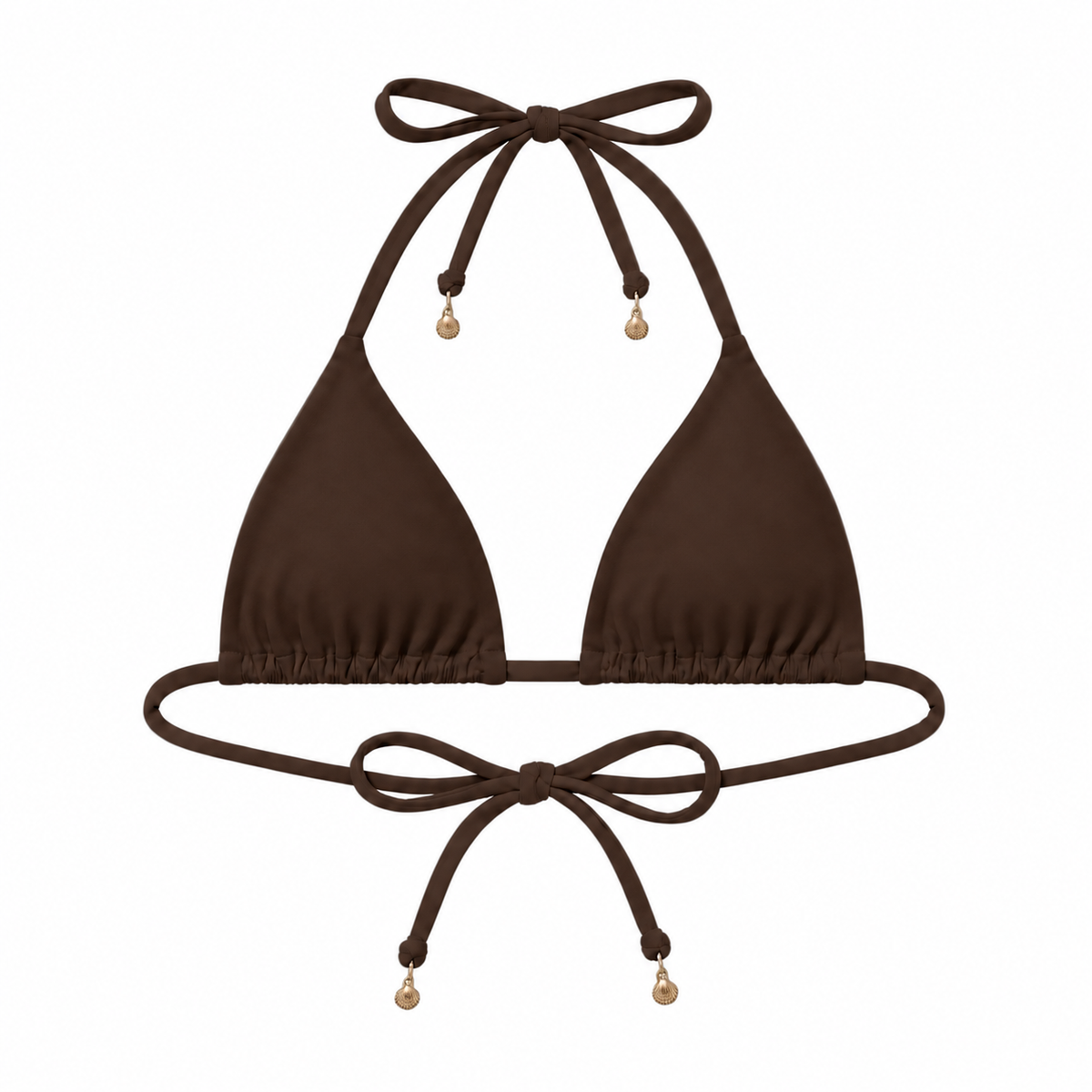 Midori Espresso Indah bikini top, front view showing sliding triangle cups and adjustable ties with gold shell charms