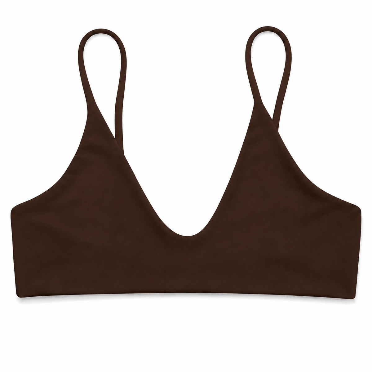 Midori Espresso Rowan bikini top, front view showing scoop neckline and fixed shoulder straps