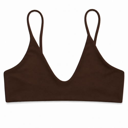 Midori Espresso Rowan bikini top, front view showing scoop neckline and fixed shoulder straps