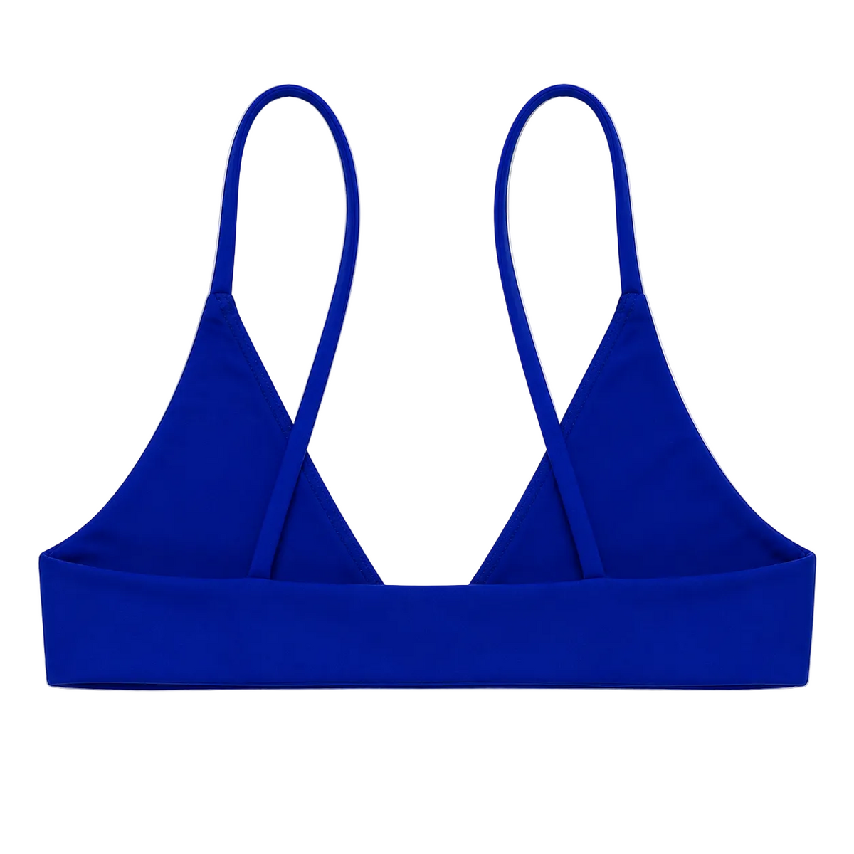 A royal blue bikini top or sports bra with a wide underband and thin shoulder straps, shown flat against a light gray background.