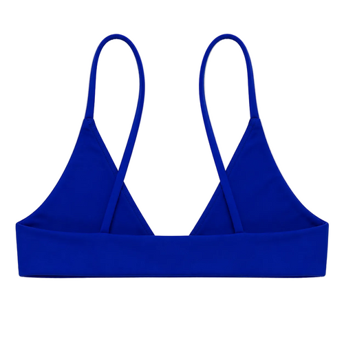 A royal blue bikini top or sports bra with a wide underband and thin shoulder straps, shown flat against a light gray background.