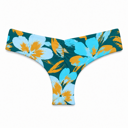 Back view of the Cove Brayden bikini bottom with cheeky scrunch-back coverage in a deep teal, turquoise and golden tropical floral print