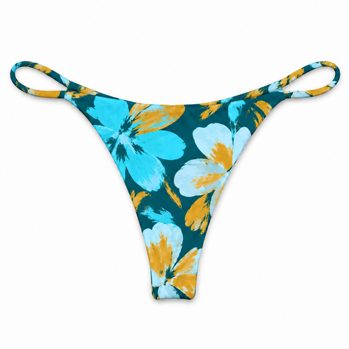 Back view of the Cove Cruz thong bikini bottom in teal, turquoise, and golden floral print with thin loop sides