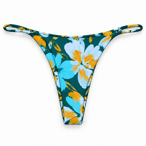 Front view of the Cove Cruz thong bikini bottom in teal, turquoise, and golden floral print with thin loop sides