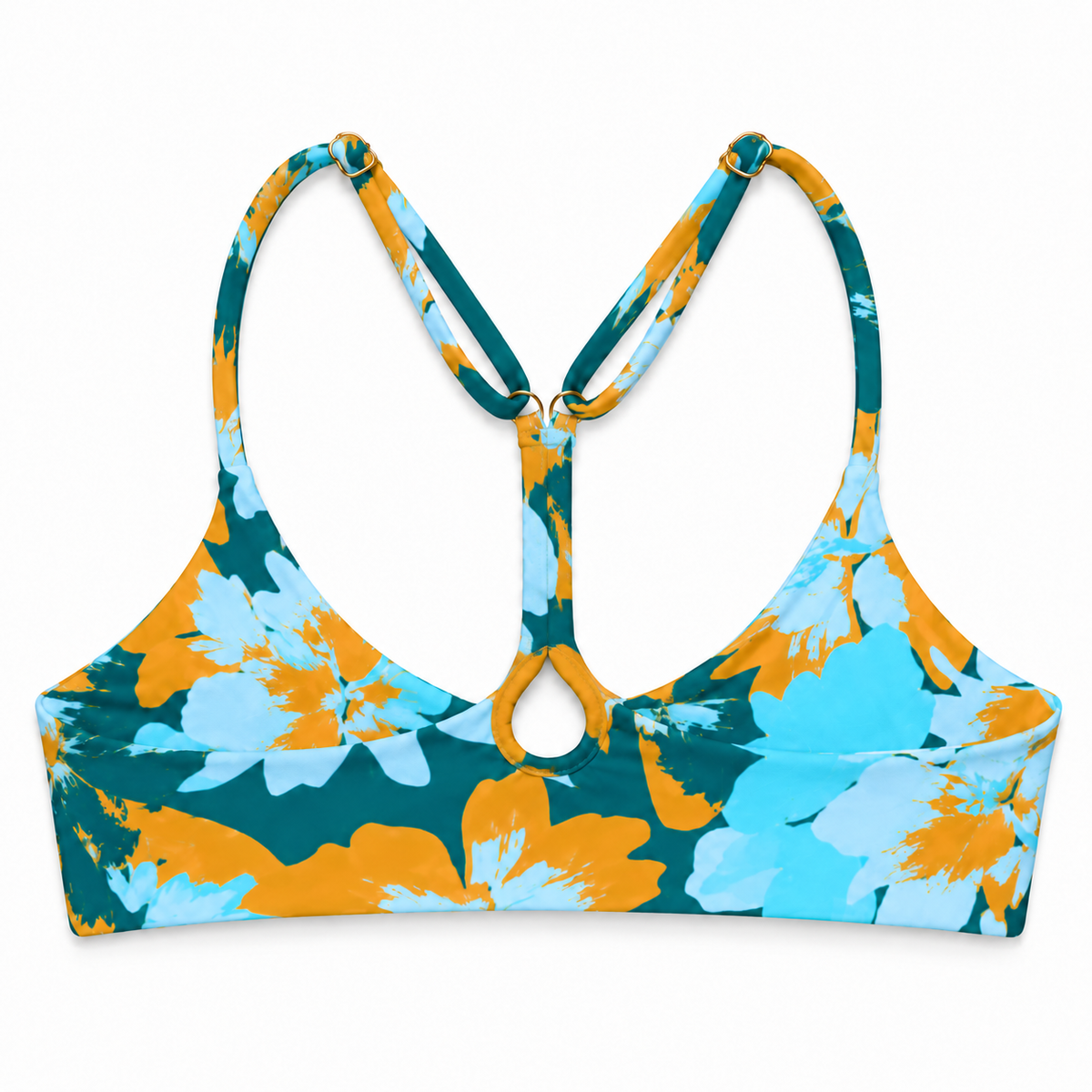 Cove Lenny bikini top back in teal, aqua and golden floral print with a Y-shaped racerback, small keyhole and adjustable shoulder straps