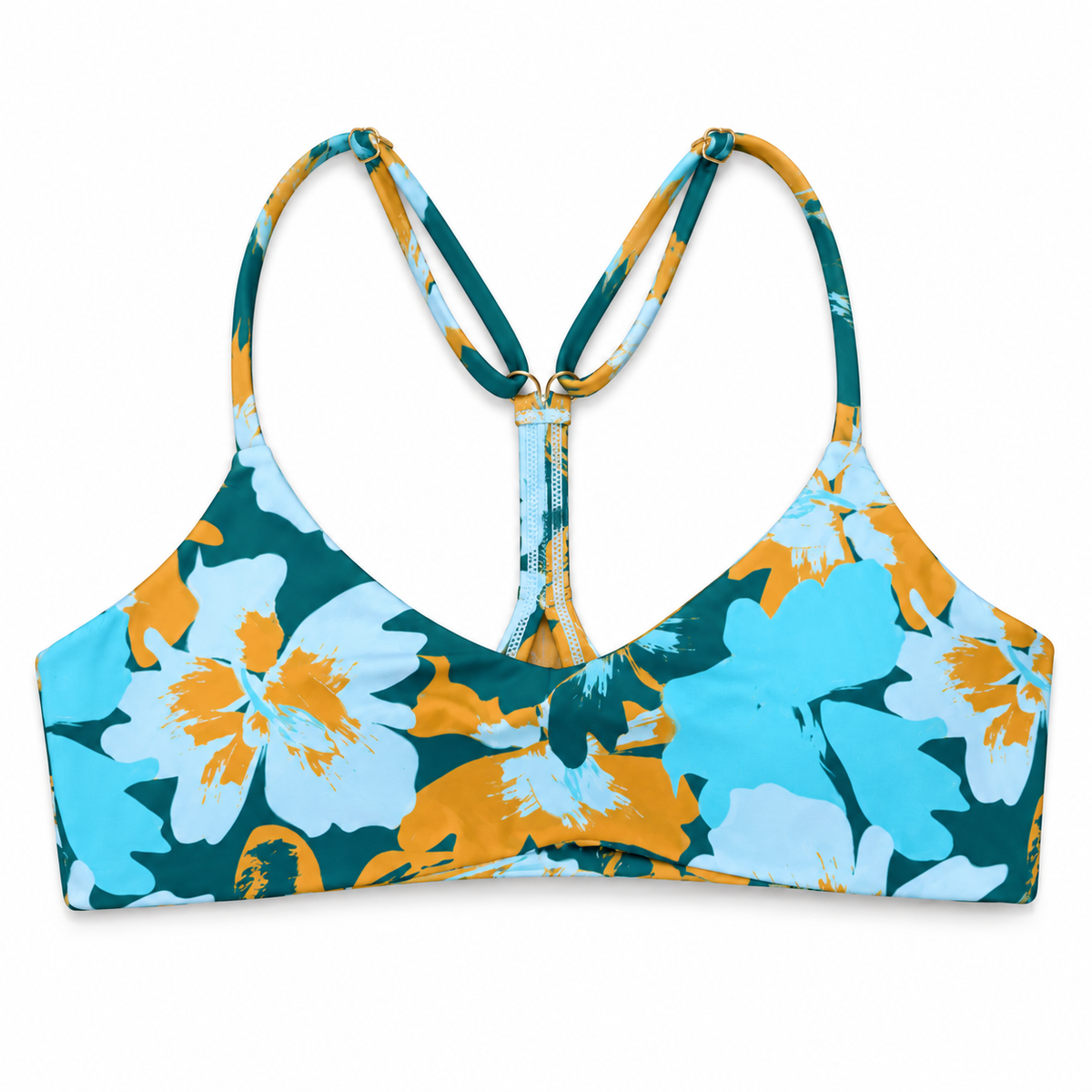 Cove Lenny bikini top front in teal, aqua and golden floral print with a smooth scoop neckline and adjustable shoulder straps