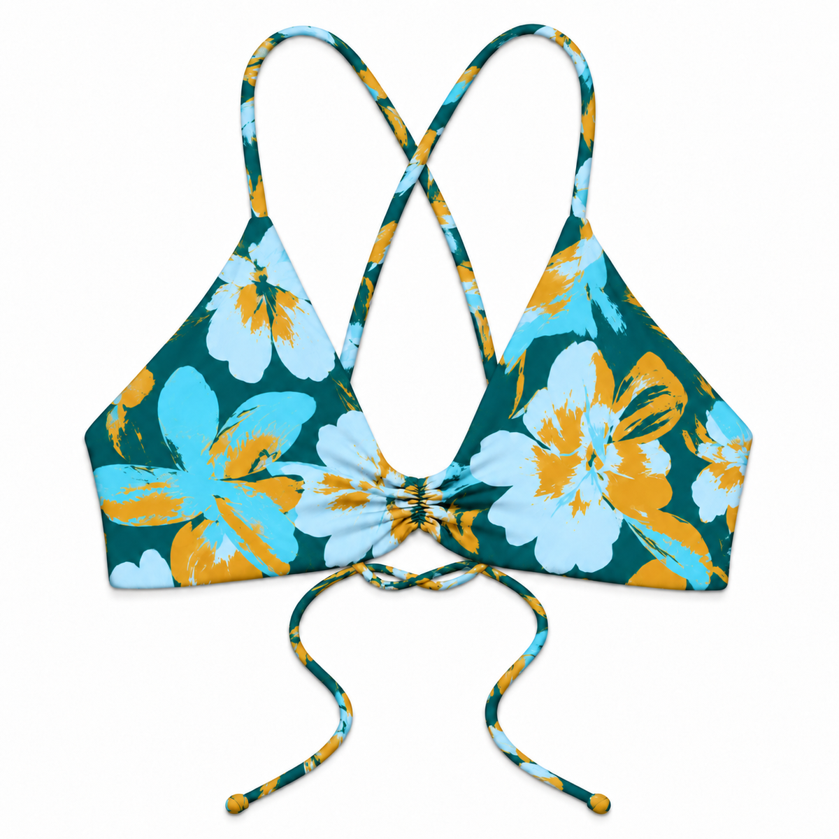 Cove Mia bikini top front in deep teal, turquoise, pale blue and gold floral print with gathered center and adjustable ties