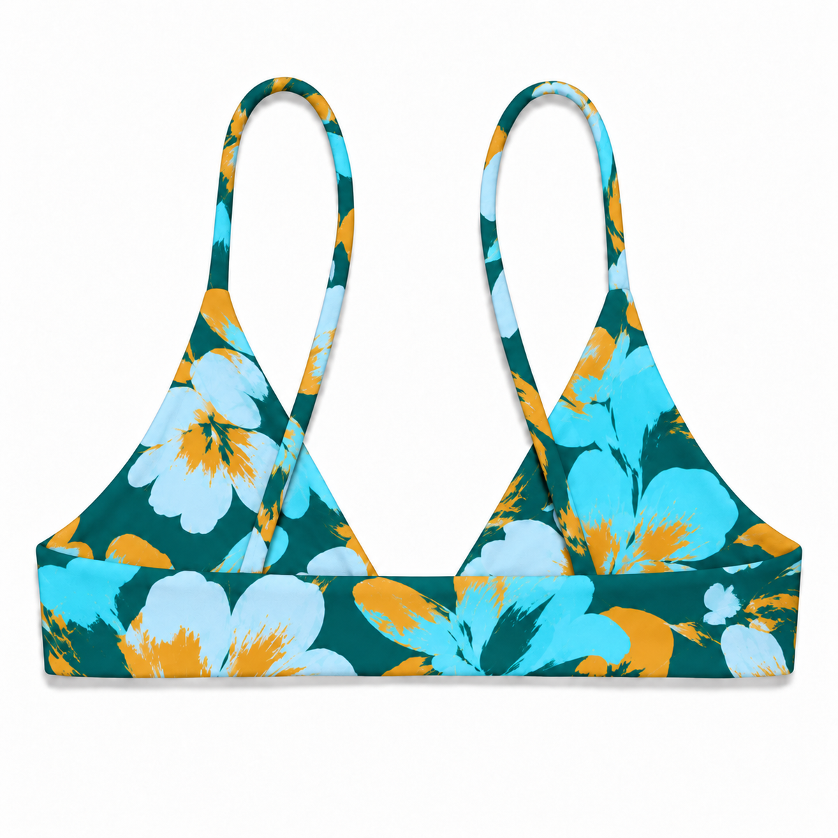 Back view of the Cove Rowan bikini top with crossover straps in a deep teal, turquoise and golden tropical floral print
