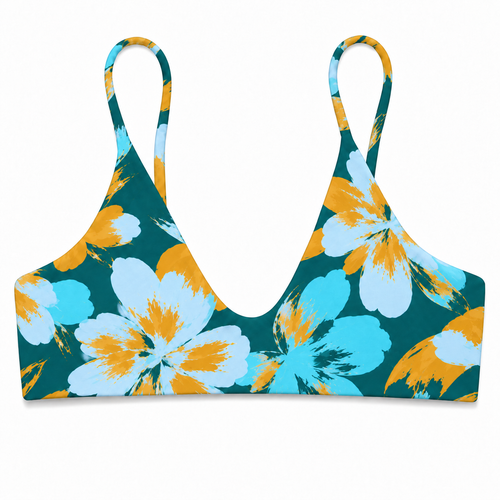Front view of the Cove Rowan bikini top in a deep teal, turquoise and golden tropical floral print