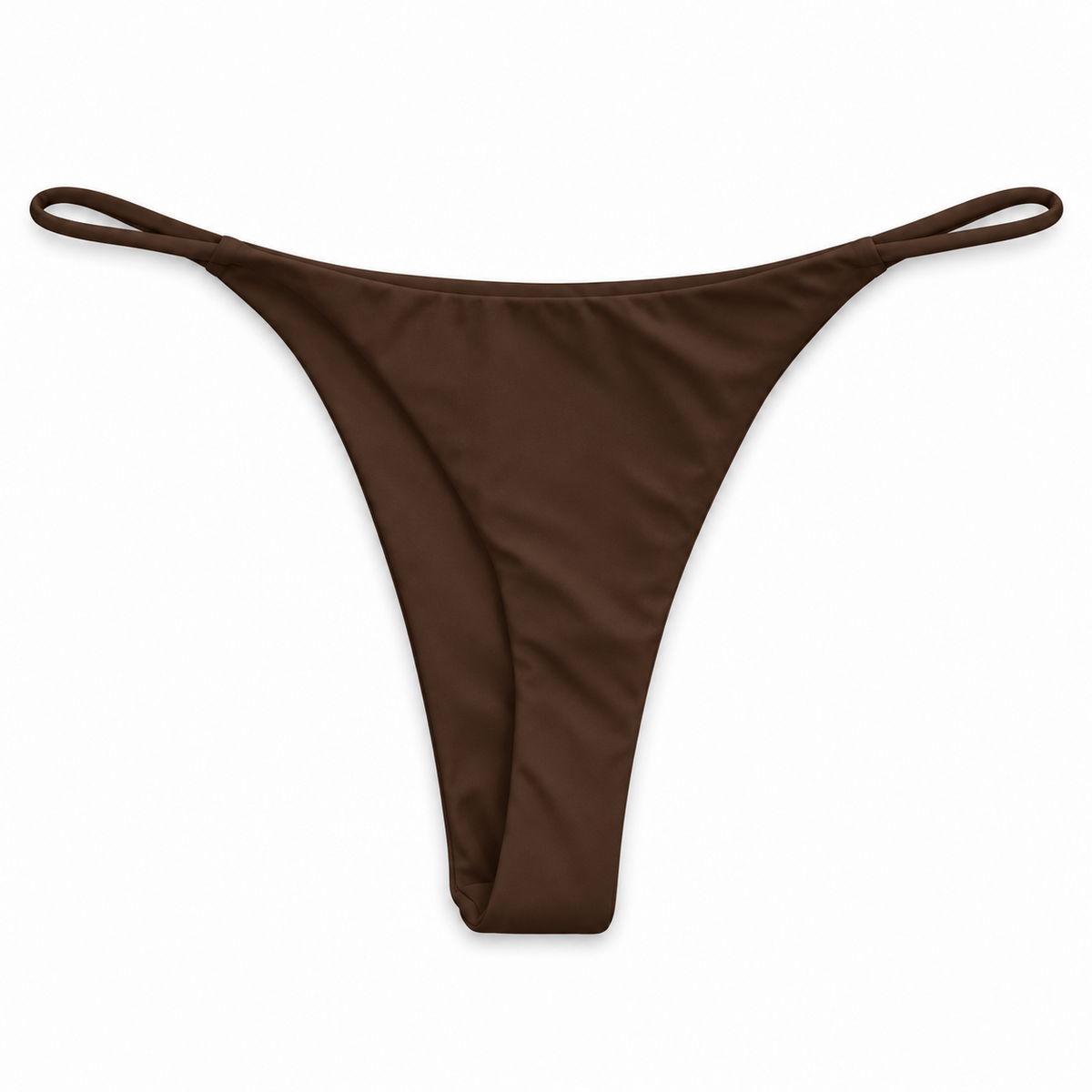 Back view of the MIDORI Espresso Cruz thong bikini bottom in chocolate brown with thin loop sides
