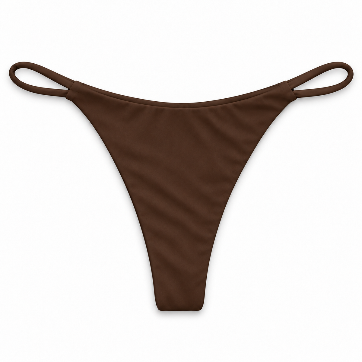 Front view of the MIDORI Espresso Cruz thong bikini bottom in chocolate brown with thin loop sides