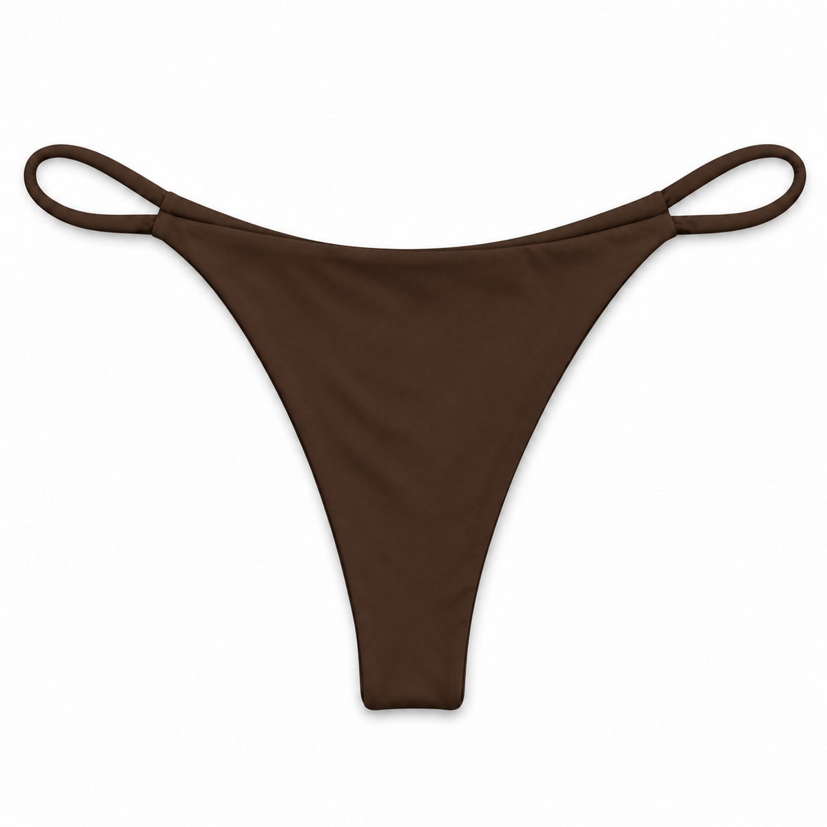 Espresso Cruz bikini bottom, back view, in solid chocolate brown showing minimal thong coverage and thin loop sides