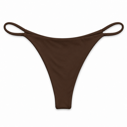 Espresso Cruz bikini bottom, back view, in solid chocolate brown showing minimal thong coverage and thin loop sides