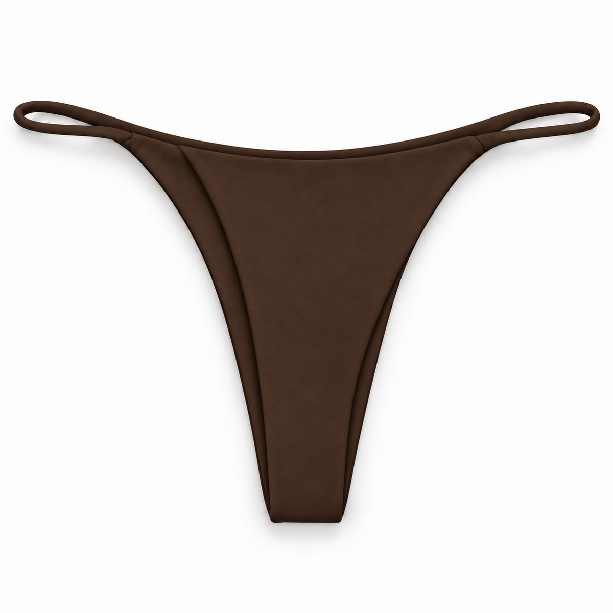 Espresso Cruz bikini bottom, front view, in solid chocolate brown with ultra-thin loop sides and a high-leg cut