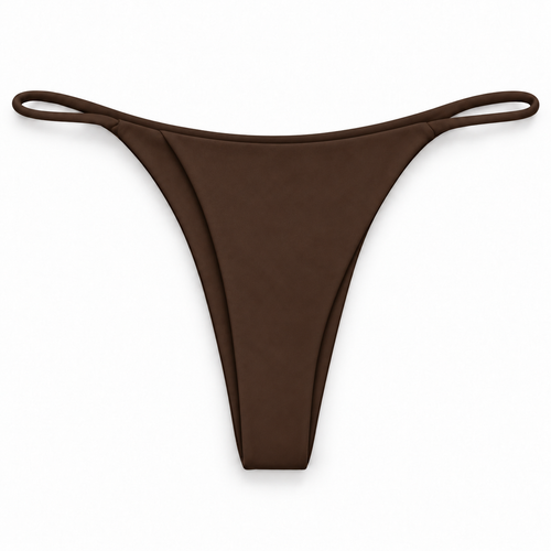Espresso Cruz bikini bottom, front view, in solid chocolate brown with ultra-thin loop sides and a high-leg cut