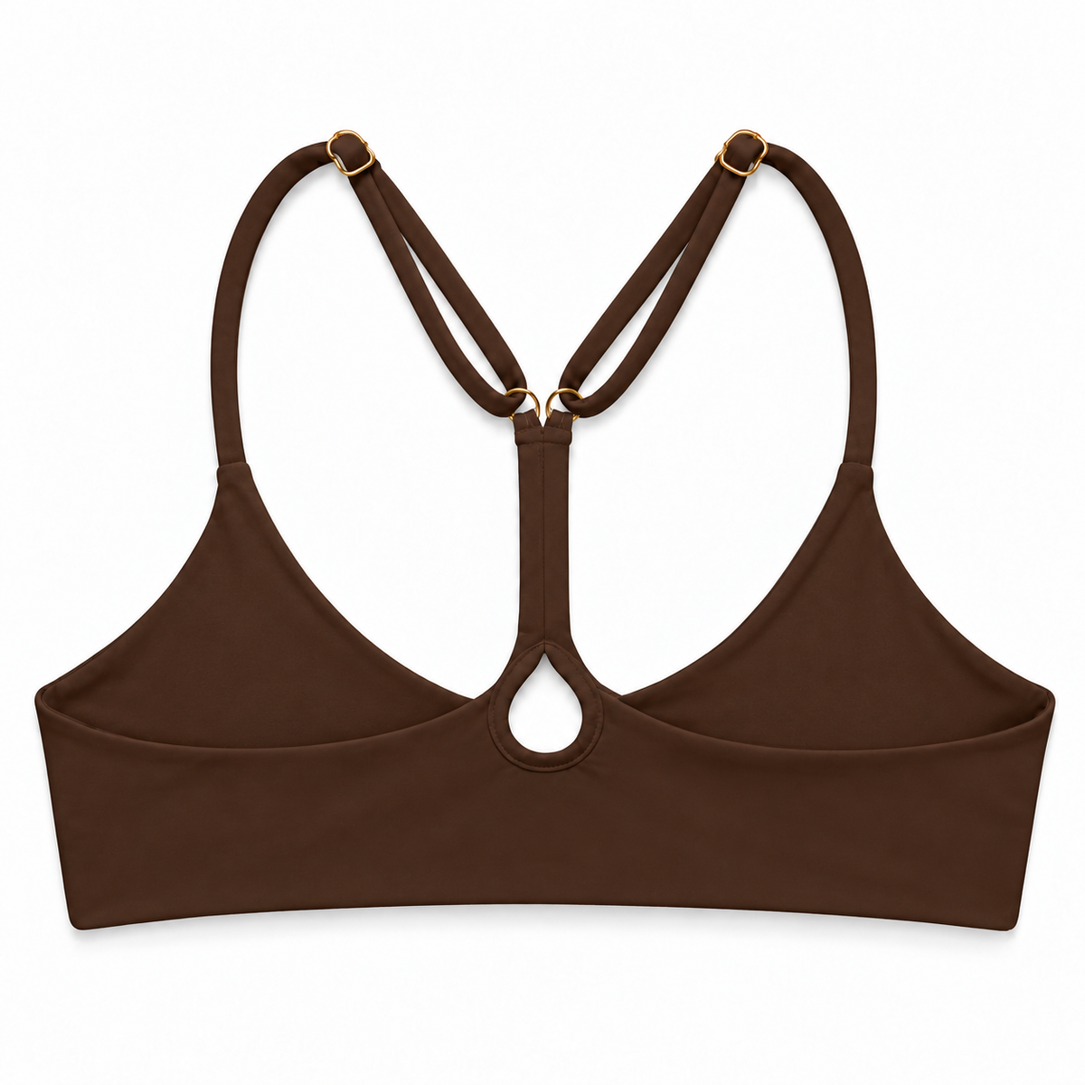 Espresso Lenny bikini top back in solid chocolate brown with a Y-shaped racerback, small keyhole and adjustable shoulder straps