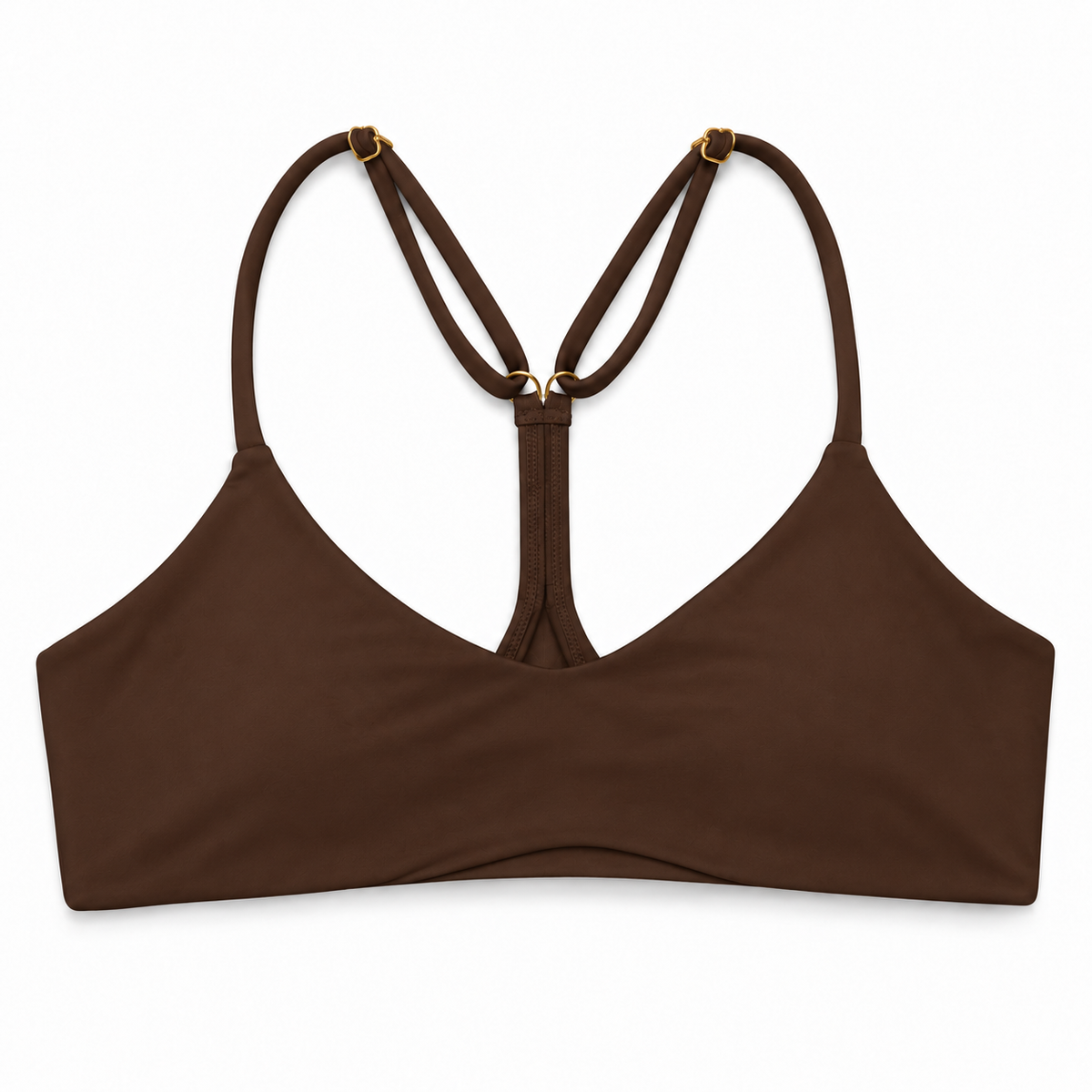 Espresso Lenny bikini top front in solid chocolate brown with a smooth scoop neckline and adjustable shoulder straps